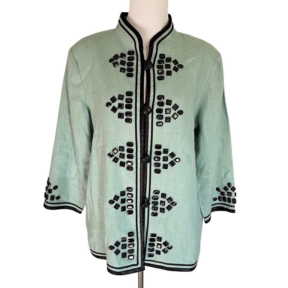 Vtg Linea by Louis Dell'olio Mint Blazer Jacket Size XL Ornate Black Gems Linen